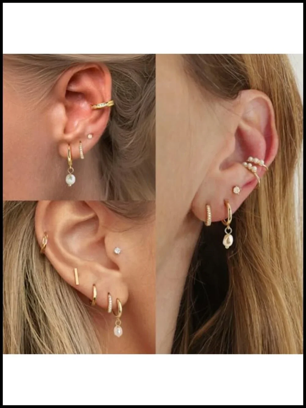 3 Pair 14k Gold Plated Huggie Hoop Earrings Set CZ Stud Pearl Dangle